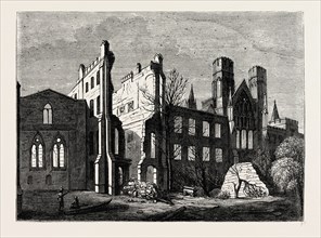 THE HOUSES OF PARLIAMENT AFTER THE FIRE, IN 1834. London, UK, 19th century engraving