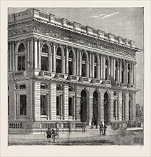 FRONT OF THE ARMY AND NAVY CLUB. London, UK, 19th century engraving