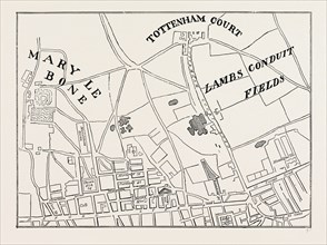 Map of Rathbone Place and neighbourhood, 1746, London, UK, 19th century engraving
