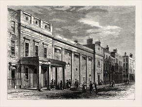 EXTERIOR OF THE TOTTENHAM STREET THEATRE, 1830. London, UK, 19th century engraving