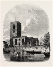 CHELSEA CHURCH, 1860. London, UK, 19th century engraving