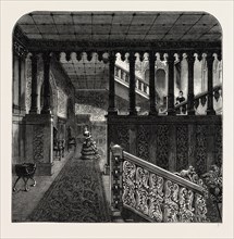GRAND STAIRCASE, HOLLAND HOUSE. London, UK, 19th century engraving
