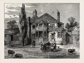 THE "QUEEN'S HEAD AND ARTICHOKE." London, UK, 19th century engraving