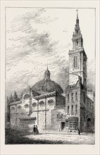 EXTERIOR OF ST. STEPHEN'S, WALBROOK, IN 1700. London, UK, 19th century engraving