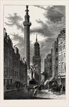THE MONUMENT AND THE CHURCH OF ST. MAGNUS, ABOUT 1800 London, UK, 19th century engraving