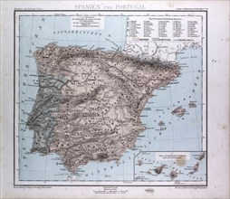 Spain and Portugal Map, atlas by Th. von Liechtenstern and Henry Lange, antique map 1869