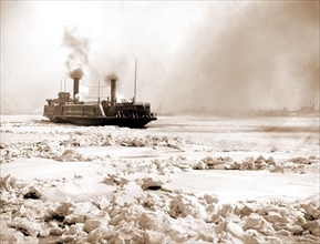 Car ferry turning in ice, Detroit River, Railroad cars, Ferries, Rivers, Ice, Winter, United