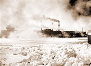 Car ferry turning in ice, Detroit River, Michigan Central (Ferry), Ferries, Rivers, Ice, Winter,