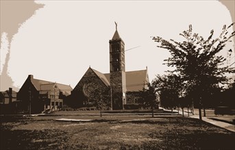 Church with tall tower, possibly in Detroit, Michigan, Churches, 1900