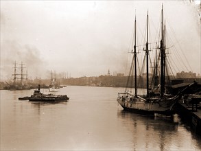 Savannah River from steamship wharf, Savannah, Ga, Piers & wharves, Ships, Rivers, United States,