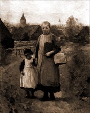 Children of Laren going to school, Neuhuys, Albert, 1844-1914, Walking, Children, Netherlands,