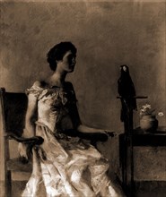 Lady sitting on chair next to parrot, Dewing, Thomas Wilmer, 1851-1938, Women, Parrots, 1900
