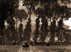 Women with umbrellas walking and trees in background, East, Alfred, Sir, 1849-1913, Rain, Trees,