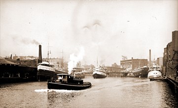 Chicago River scene with steamboat and industrial waterfront, Chicago, Rivers, Steamboats, United