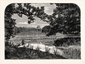 Distant View from the Lake of the Mansion, UK, England, engraving 1870s, Britain