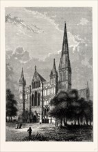 Salisbury Cathedral, UK, England, engraving 1870s, Britain