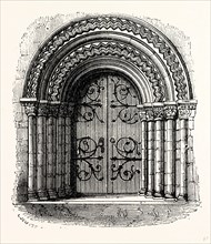 West Doorway, Melbourne Church, UK, England, engraving 1870s, Britain