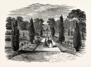 The Gardens, as seen from Melbourne Hall, UK, England, engraving 1870s, Britain