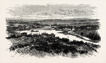 Trentham, from Monument Hill, Tittensor, UK, England, engraving 1870s, Britain