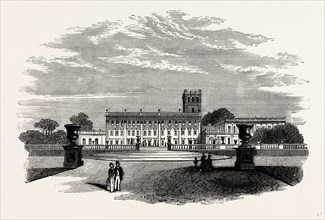 The South Front, from the Italian Gardens, Trentham, UK, England, engraving 1870s, Britain