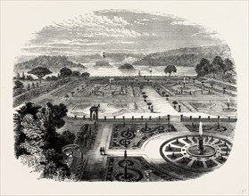 The Upper Terrace Garden, Italian Garden, and Lake, Trentham, UK, England, engraving 1870s, Britain