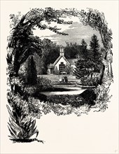 Children's Cottage and Gardens, Trentham, UK, England, engraving 1870s, Britain
