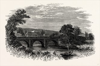 The Hall and Bridge from the Park, Kedleston Hall, UK, England, engraving 1870s, Britain