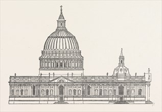 Sir Christopher Wren's first Design St. Paul's, London, England, engraving 19th century, Britain,