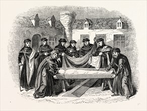 Burial deceased Monk interior Convent. an ancient drawing, London, England, engraving 19th century,