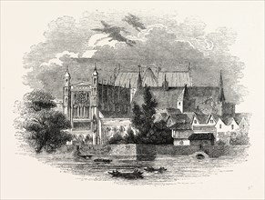 Houses Parliament, River, London, England, engraving 19th century, Britain, UK