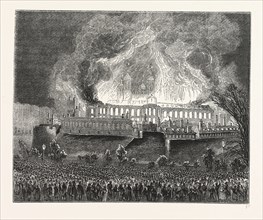 Burning Great Storehouse, London, England, engraving 19th century, Britain, UK