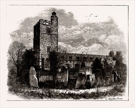 CHESHUNT CHURCH, UK, engraving 1881 - 1884