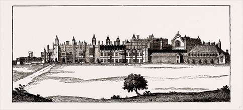 HAMPTON COURT, AS FINISHED BY KING HENRY VIII, from a Drawing by Rollar, Engraved by J. Pye, UK,
