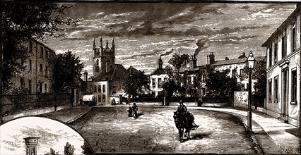 Street in Staines, UK, engraving 1882 - 1884