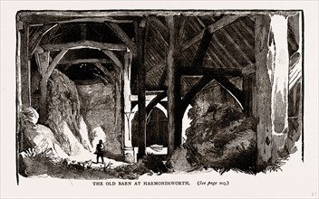 The old barn at Harmondsworth, UK, engraving 1881 - 1884