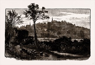 DISTANT VIEW OF HARROW, UK, engraving 1881 - 1884