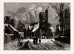 HADLEY CHURCH, UK, engraving 1881 - 1884