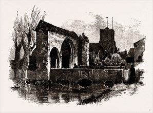 GATEWAY AND BRIDGE, WALTHAM ABBEY, UK, engraving 1881 - 1884