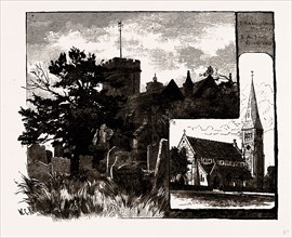 CHURCHES AT WOODFORD, UK, engraving 1881 - 1884
