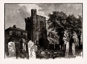 ANCIENT BELL TOWER, BARKING ABBEY, UK, engraving 1881 - 1884
