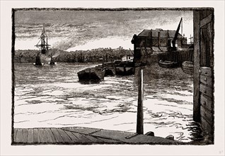 MILLWALL, FROM THE RIVER, UK, engraving 1881 - 1884