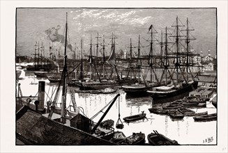 West India Docks, UK, Isles of Dogs, London, engraving 1881 - 1884