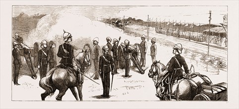 THE PRINCE OF WALES IN INDIA, 1876: ARRIVAL OF THE PRINCE AT TRICHINOPOLY RAILWAY STATION, FIRING A