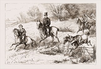IN THE HUNTING FIELD, HOME FOR THE HOLIDAYS: TRYING HIS FIRST HURDLES, 1876