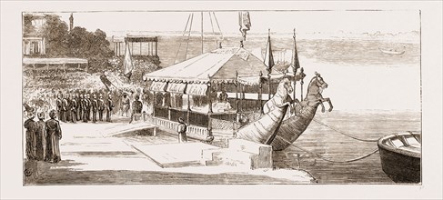 THE PRINCE OF WALES EMBARKING IN THE STATE BARGE TO VISIT THE RAJAH OF BENARES, INDIA, 1876