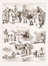 SCENES OF AUSTRALIAN LIFE, 1876: 1. Horse Sale, Rockhampton, Queensland. 2. Hobbling a Horse:
