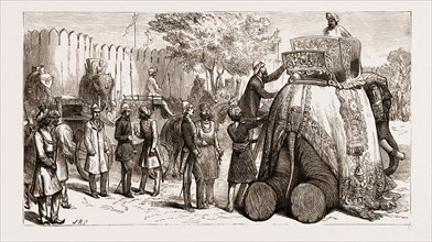 THE PRINCE OF WALES IN INDIA: THE PRINCE MOUNTING HIS ELEPHANT AT JEYPORE, 1876