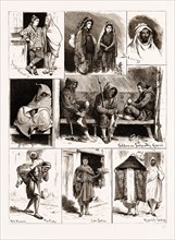 A NIGHT GUARD, CAKE SELLER, MOORISH LADIES, SOLDIERS AND BEDOUINS AT TUNIS, 1876