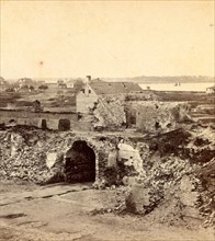 Interior of Fort Moultrie, Moultrieville in the distance, USA, US, Vintage photography