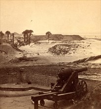 Interior of Fort Moultrie, Battery B. and group of palmetto trees in distance, USA, US, Vintage